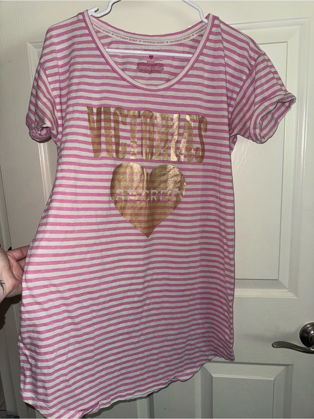 Victoria's Secret Pink & White Striped Sleep Tee with Gold Heart Logo